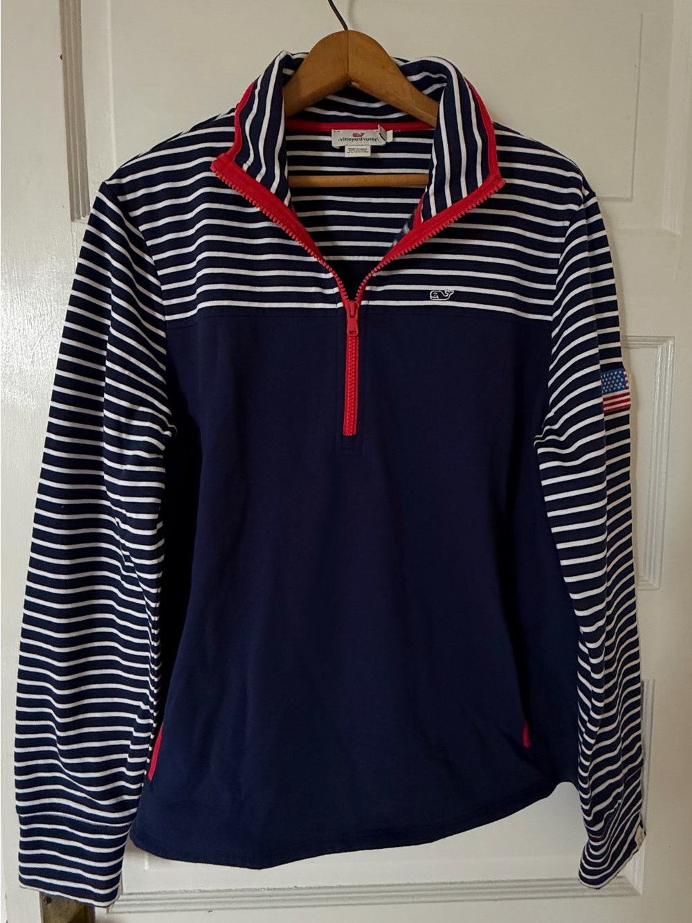 Vineyard Vines Shep Shirt Pullover Women XL Navy Striped American Flag Zip Up